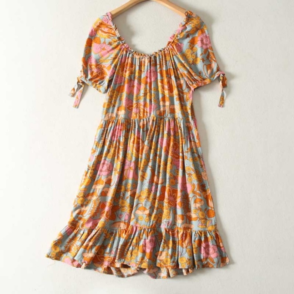 Boho Orange Gypsy Retro Floral Babydoll Dress - Picture 4 of 4